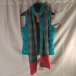 Joules Teal Blue Green Puffer Vest Matching Striped Scarf Pink US 4 M_DOWNHAM